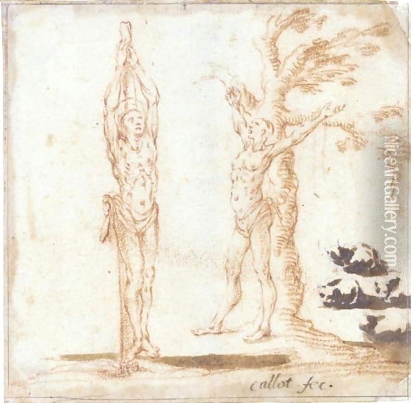 Studies For Figures Of St. Sebastian And St. Bartholomew, And Of Cats Oil Painting - Jacques Callot