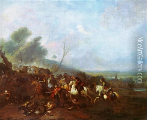 A Cavalry Skirmish On A Country Road, A Village In A Valley Beyond Oil Painting - Jan van Huchtenburg