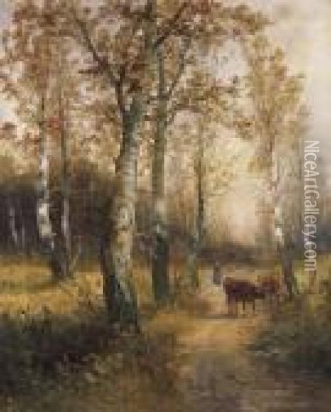Cattles At The Ledge Of The Woods Oil Painting - Georg Fischof
