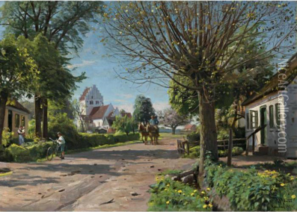 A Village Lane Oil Painting - Peder Mork Monsted