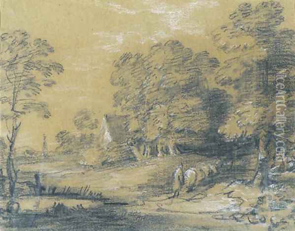 A wooded landscape with a shepherd and his flock fording a stream, a cottage beyond Oil Painting - Thomas Gainsborough