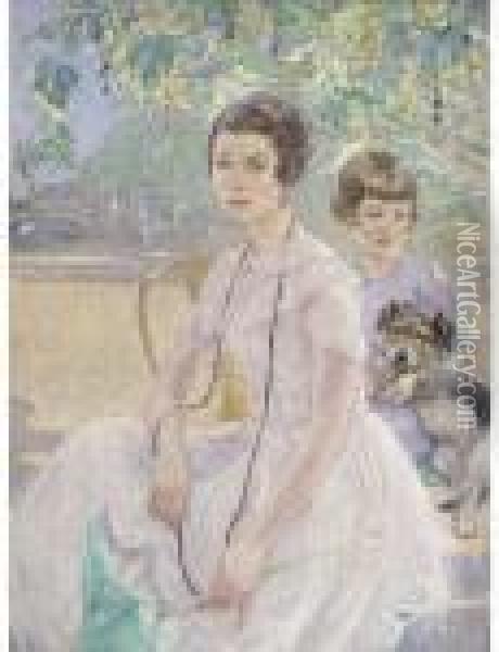Portrait Of A Mother And Child, 
Seated Three-quarter-length, Insummer Dresses, With A Parasol And A 
Puppy Oil Painting - Ernest Borough Johnson