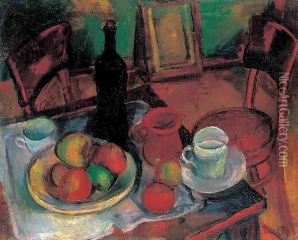 Still life with Table and Chairs Oil Painting - Janos Kmetty