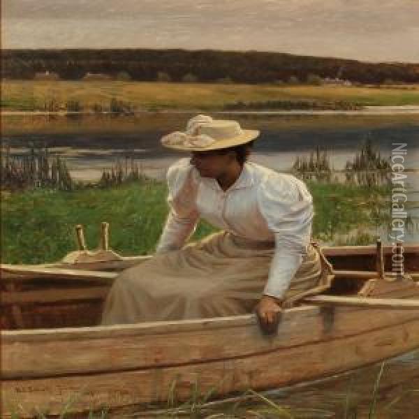 A Woman In A Rowingboat Oil Painting - Niels Frederik Schiottz-Jensen