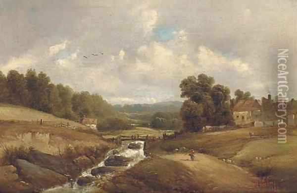 Figure on a track by a brook, with buildings beyond Oil Painting - Alfred Vickers