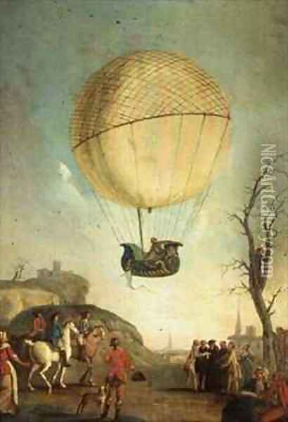 Robert re ascending at Nesle after the first flight in a hydrogen balloon Oil Painting - Claude Louis Desrais