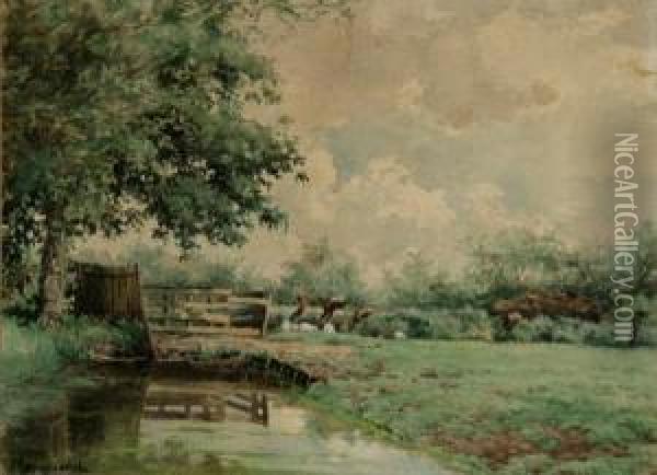 Sheep Grazing Beside A Creek Oil Painting - Willem Johannes Oppenoorth