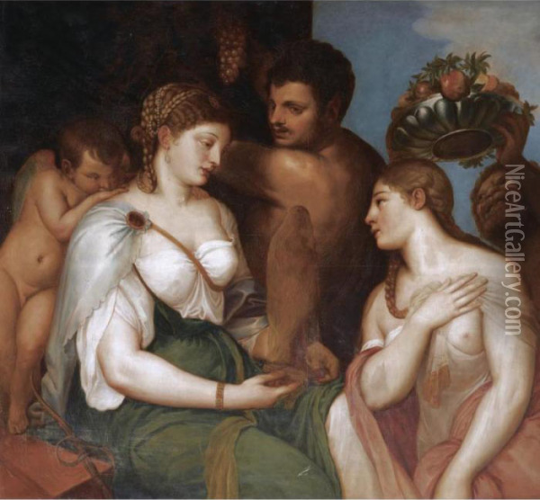 An Allegory With Venus, Bacchus And Ceres Oil Painting - Tiziano Vecellio (Titian)