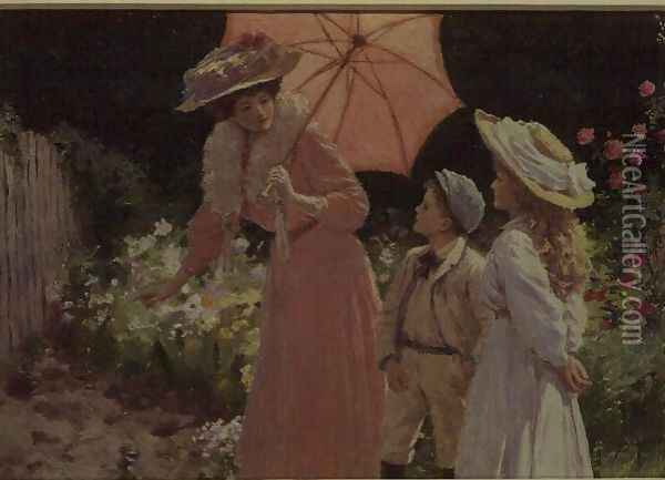A Lady with a Parasol showing how to make a Strawberry Barrel Oil Painting - Percy Tarrant