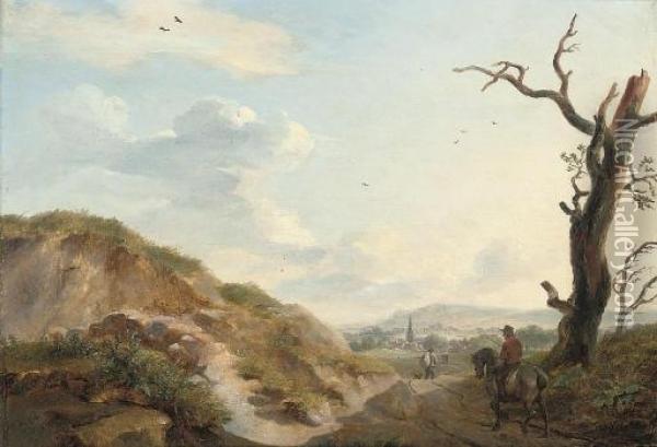 A Dune Landscape With Travellers On A Track And A Village Beyond Oil Painting - Pierre Francois de Noter