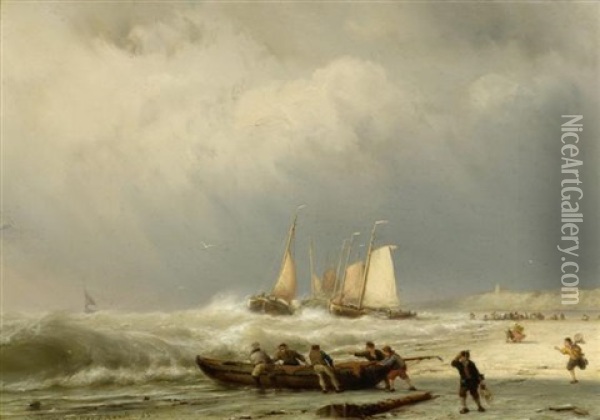 Fischer Mit Booten Am Strand Bei Sturmischem Meer Oil Painting - Johannes Hermanus Barend Koekkoek