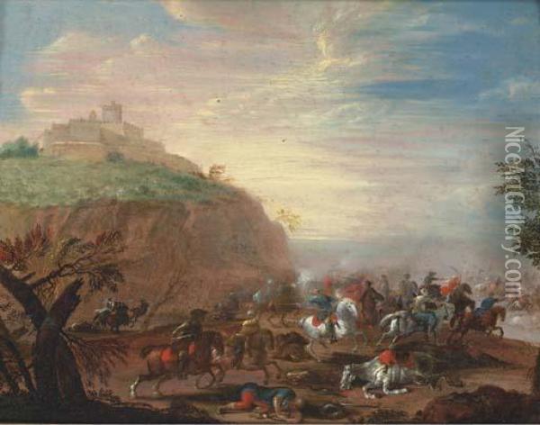 A Battle Skirmish With A Hilltop Fortress Beyond Oil Painting - Georg Philipp I Rugendas