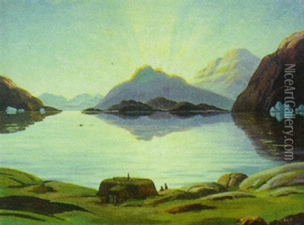 Solnedgang Ved En Gronlandsk Bygd Oil Painting - Emanuel A. Petersen