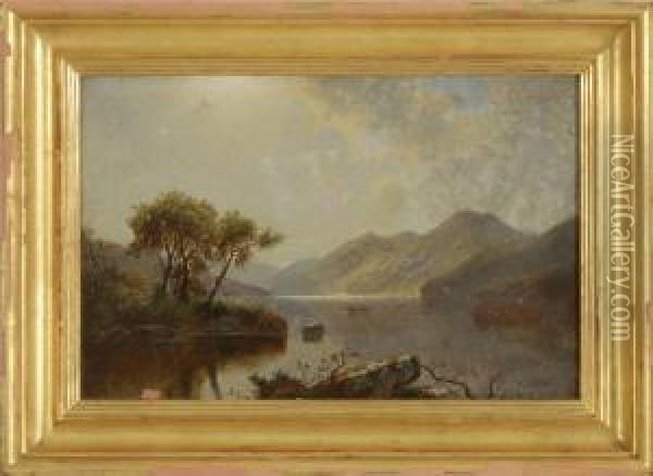 Lake George With Sailboat, Three Figures In A Rowboat, And Mountainous Background Oil Painting - William Young Sheridan