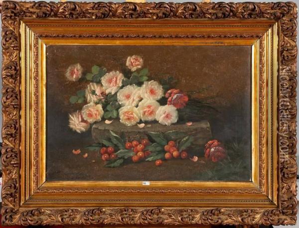 Gerbes De Roses Et Cerises Oil Painting - Max Carlier
