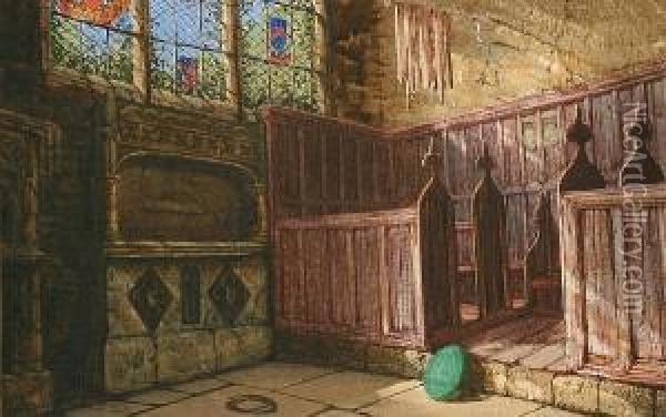 Church Interior With Wooden Pews Before A Stained Glass Window Oil Painting - Margaret Rayner