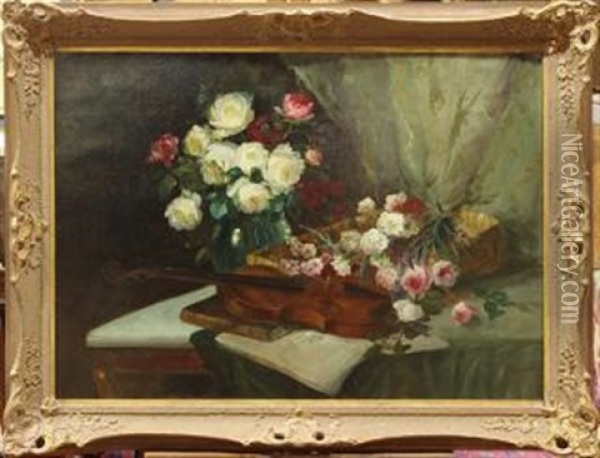 Still Life With Flowers And Violin Oil Painting - Emil Carlsen