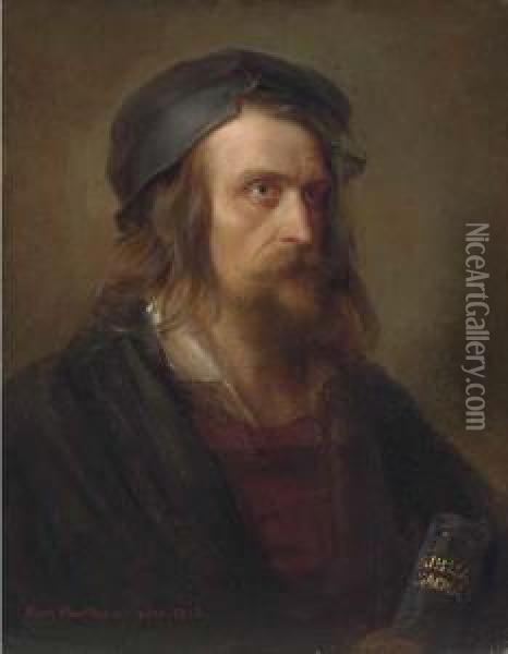 Portrait Of A Bearded Gentleman,
 Wearing A Cap, Black Cloak And Redshirt, Holding A Bible Oil Painting - Karl Hartmann