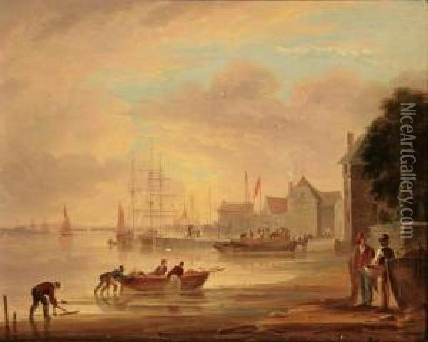 View Of A Harbor Oil Painting - William Anderson