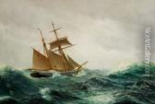 Sailing Ships In Rough Sea Oil Painting - J.E. Carl Rasmussen