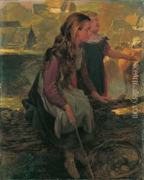 Zwei Kinder Am Weidezaun Oil Painting - Christian Friedrich Gille
