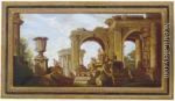 Figures Amongst Classical Ruins Oil Painting - Giovanni Niccolo Servandoni
