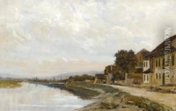 Flussuferpartie Mit Hausern. Oil Painting - Lemaitre Nathanael