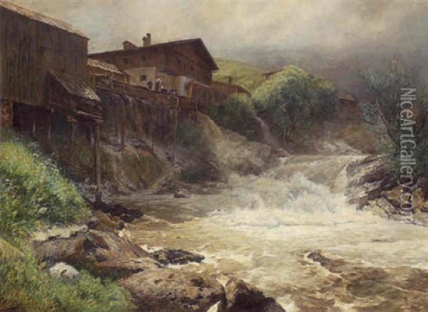 Bauernhauser Am Ufer Des Gischtenden Wasserfalls Oil Painting - Eduard Ameseder