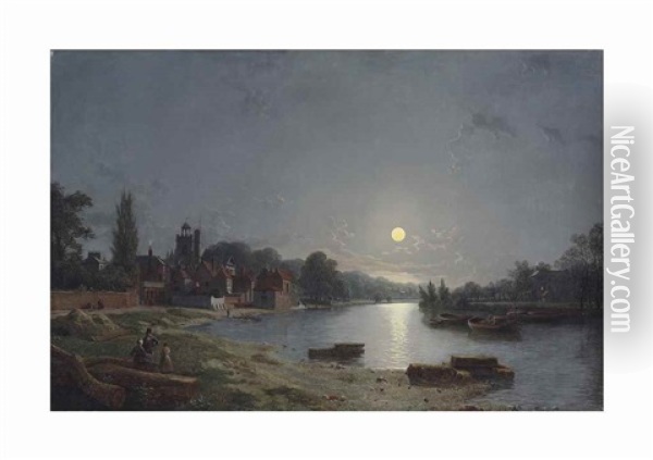 The Rose And Crown At Twickenham, With St Mary's Church Beyond Oil Painting - Henry Pether