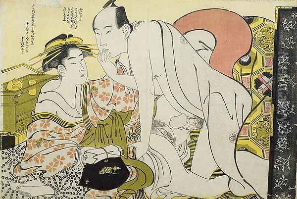 Lovers with hand to mouth, c.1785 Oil Painting - Yushido Shunsho