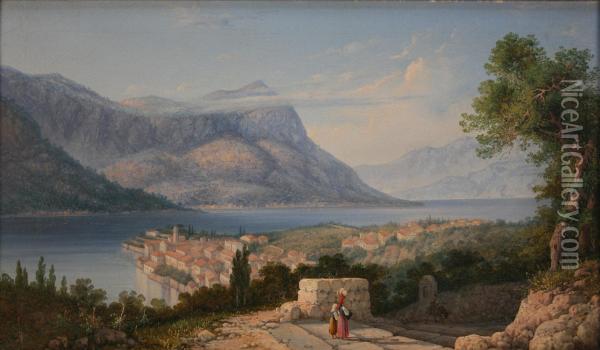 Mediterranean Coastal View With Figures On A Hilltop Road Oil Painting - Gian Gianni