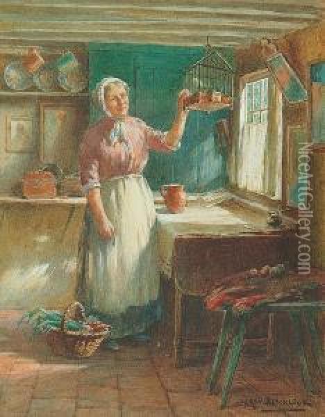 An Interior Scene With A Woman 
Washing Clothes; Cottage Interior With A Woman Beside A Window Oil Painting - William Kay Blacklock