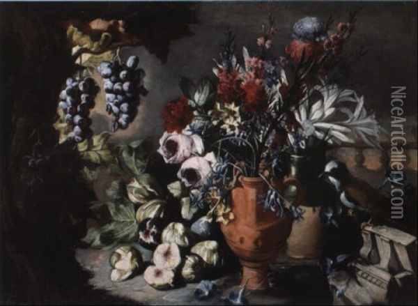 Nature Morte Au Vase De Fleurs, Oiseau Et Fruits Oil Painting - Andrea Belvedere
