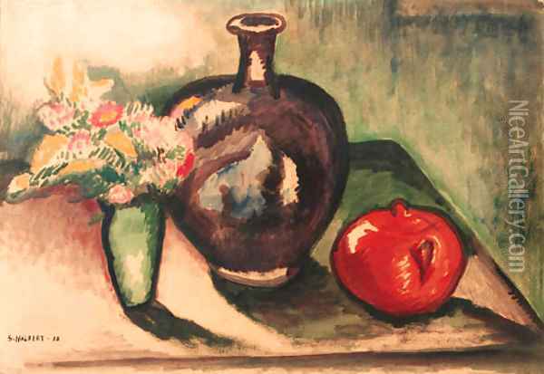 A still life with flowers, an apple and a vase Oil Painting - Samuel Halpert