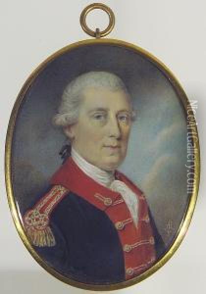 An Officer Of The United States Infantry, Wearing Blue Uniform With Red Facings, Braided Button Holes And Epaulette, His Powdered Wig Worn Oil Painting - Archibald Robertson