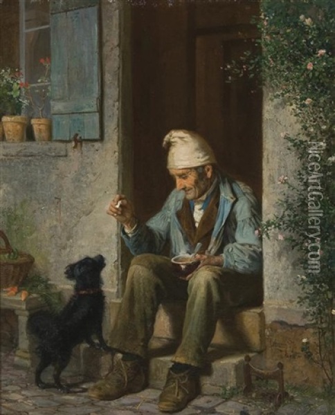 Old Man Feeding A Dog Oil Painting - James Wells Champney