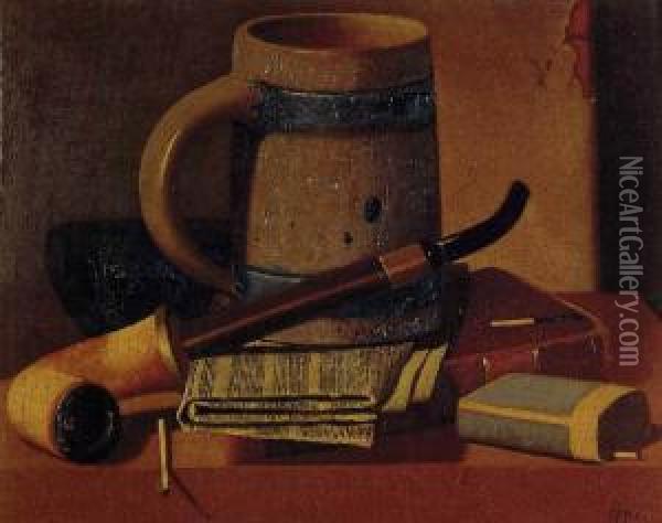 Still Life With Pipe, Beer Stein, Newspaper, Book And Matches Oil Painting - John Frederick Peto
