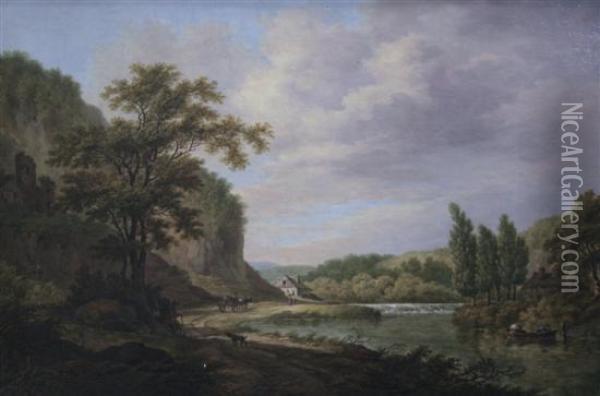River Landscape With Figures In A Boat And A Weir Oil Painting - Daniel Dupre
