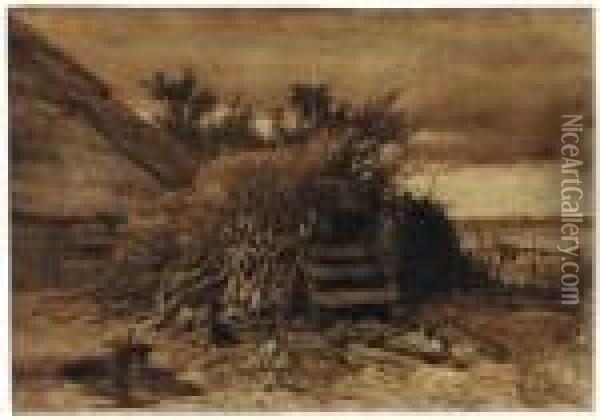 Tree Branches And A Wooden Fence Piled Up By A Farm Oil Painting - Anton Mauve