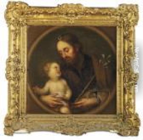 St. Joseph And The Christ Child, In A Feigned Roundel Oil Painting - Bartolome Esteban Murillo