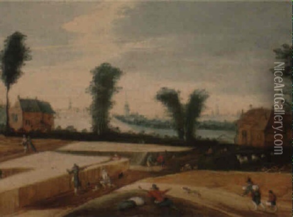 Landscape With Farmers Tending To Their Fields Oil Painting - Joos de Momper the Elder