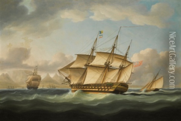 A Third-rate British Privateer With A Cutter Astern Off The Cape Of Good Hope, With A View Of Table Bay And Cape Town Beyond Oil Painting - Thomas Buttersworth