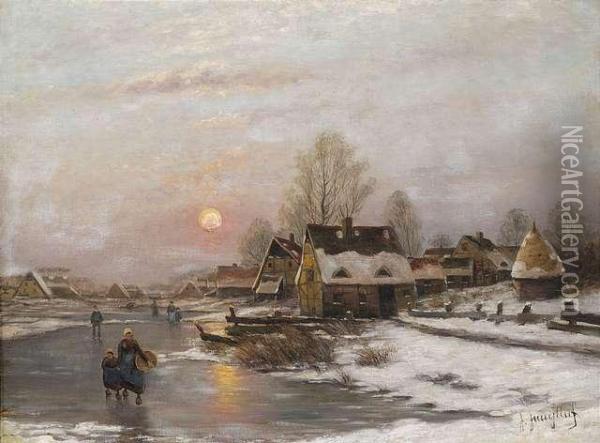 Wintry Landscape Atsunset With Promenaders On A Frozen Canal. Oil Painting - Johann Jungblutt