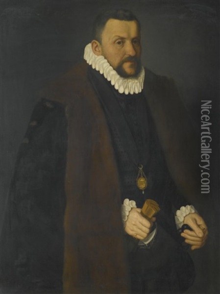 Portrait Of A Nobleman, Three-quarter Length, Wearing A Fur Lined Black Coat And A Salvator Mundi Medallion, And Holding A Pair Of Gloves Oil Painting - Nicolas Neufchatel