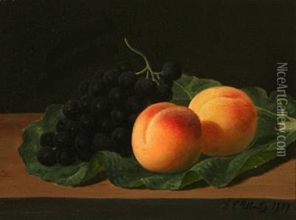 Still Life With Grapes And Peaches On Cabbage Oil Painting - E.C. (Emil C.) Ulnitz