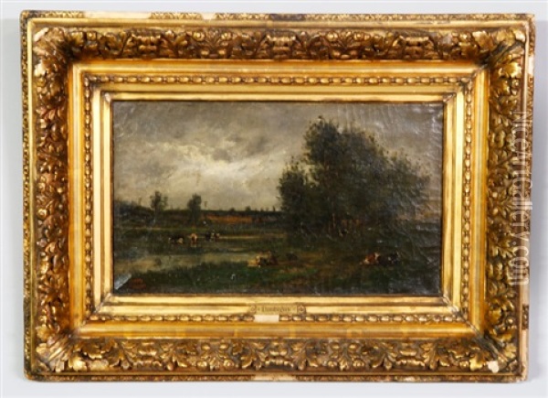 Landscape With Cows And Figures Oil Painting - Charles Francois Daubigny