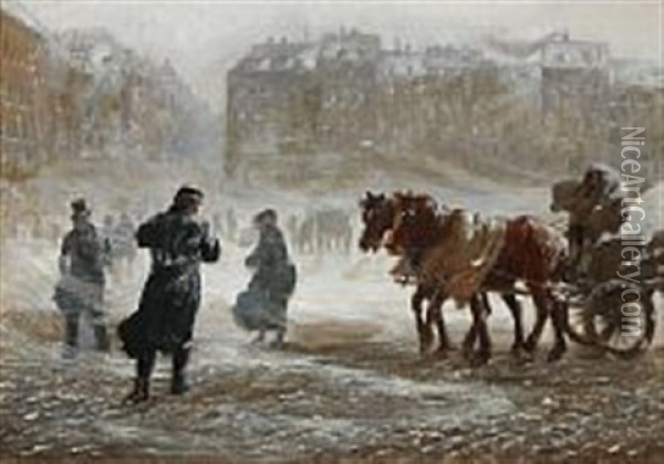 A Winter Storm In Copenhagen Oil Painting - Otto Bache