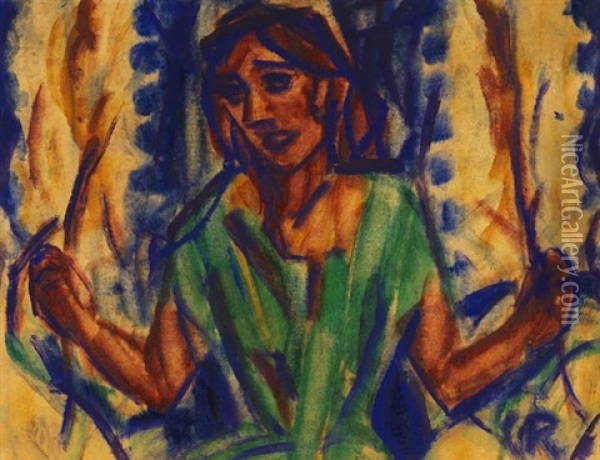 Junge Frau Im Grunen Kleid Oil Painting - Christian Rohlfs