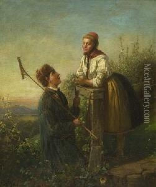 Unterhaltung Am Zaun. Oil Painting - Ludwig Erdmann