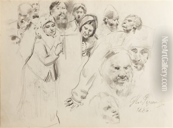 Sketches For The Painting Krestny Khod (religious Procession) In Kursk Gubernia Oil Painting - Ilya Repin
